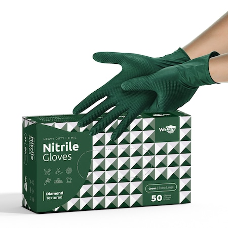Wecare WMN1002, Disposable Gloves, 8 mil Palm, Nitrile, Powder-Free, XL, 50 PK, Green WMN100282